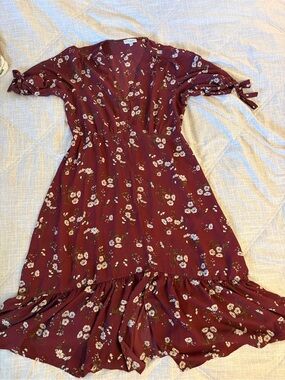 Luxology Burgundy Floral Button Front Midi Dress, Tie Sleeve